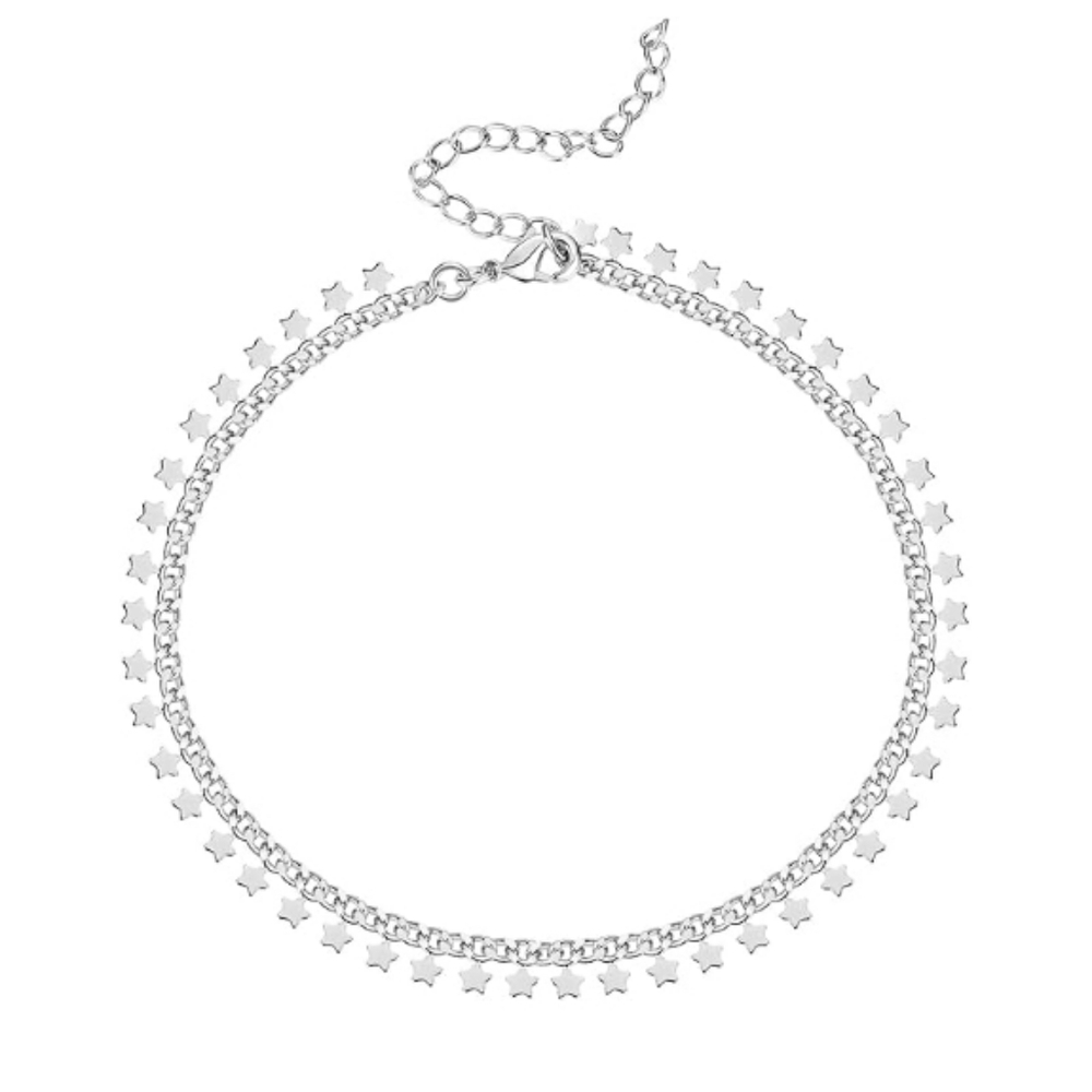 14K Gold Plated Charm Link Chain Star Adjustable Anklet In White Gold